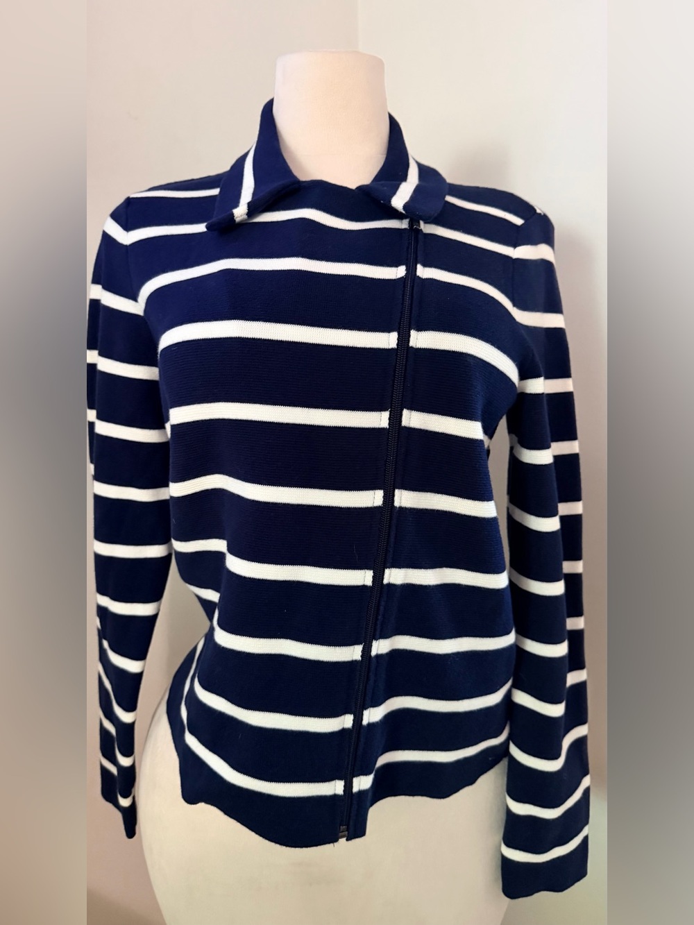 CHAPS L Striped Cotton Knit Moto Jacket Asymmetrical Zip Nautical Old Money